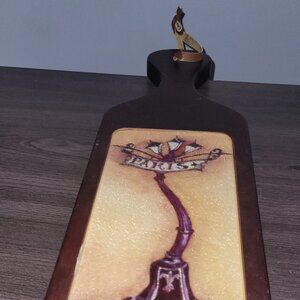 Dark Wood & Glass Wine Bottle Shaped Cheese Cutting Board Paris Street Light NEW